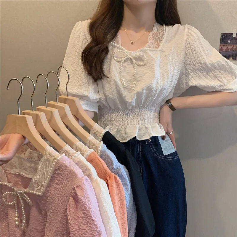 

Bubble Short-sleeved High-waist French Crop Top, Summer Umbilical Cord Sweet Temperament, White Shirt Female Design Niche Sense