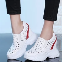 women genuine leather wedges high heel platform pumps shoes female breathable round toe fashion sneakers casual oxfords shoes