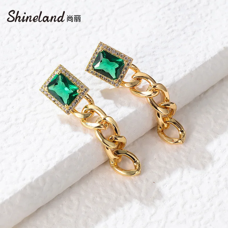 

Shineland Luxury Green Square Zircon Drop Dangle Earrings For Women Chain Tassel Pendant Trendy Unique Jewelry Party Lady's Gift