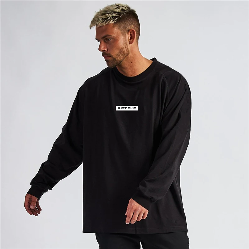 

Mens Loose Oversized Long Sleeve T-shirt Fashion Dropped Shoulder Retro Fitness T Shirt Autumn Gym Bodybuilding Tops Tees
