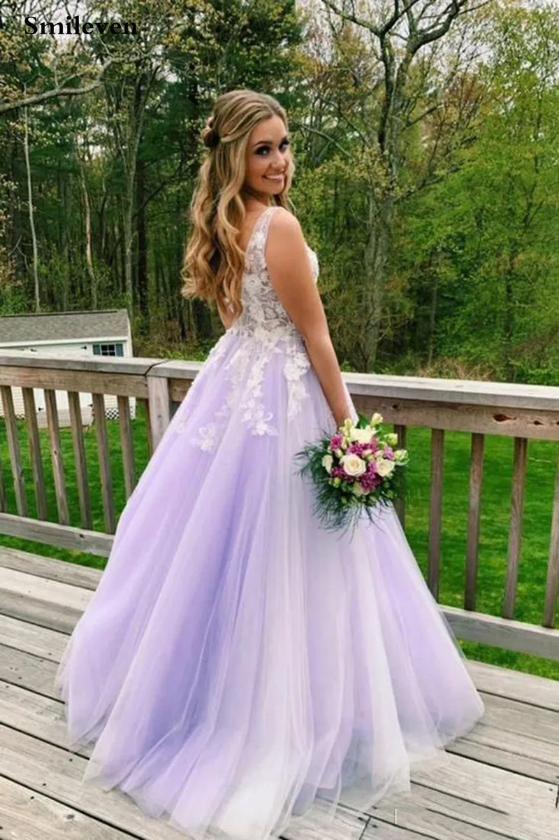 SmilevenLace V Neck Formal Evening Dresses 2020 A-line Appliques Backless Prom Party Gowns Long Custom Made