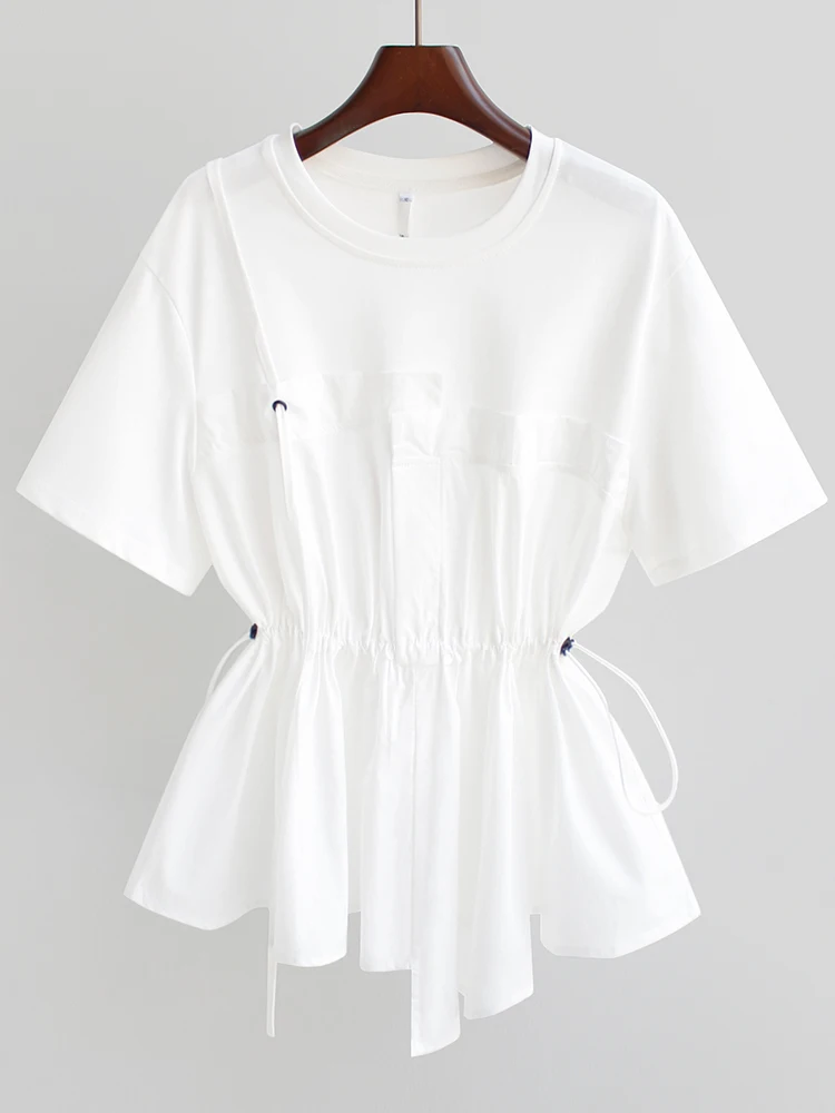 

SuperAen 2021 Spring New Design Solid Close Waist Short Sleeve O Neck T-shirt Summer Loose White Base Coat Women Tops