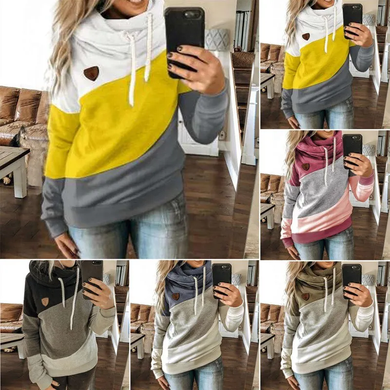 

2020 New Hot style Autumn and winter new women's three-color stitching drawstring hooded casual fashion sweater