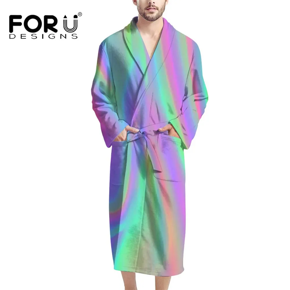 

FORUDESIGNS Psychedelic Holographic Trippy Print Men's Bathrobes Fleece Plush Fluffy Housecoat Nightgown Colorful Robe Халаты