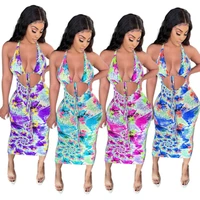 adogirl fashion tie dye print women midi dress sexy backless club party elegant female hollow out dresses outfits