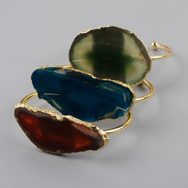 

Irregular Natural Slice Agates Bangle Gold Handmade Big Stones Agates Cuff Bangle Jewelry Women Bangles Dropship
