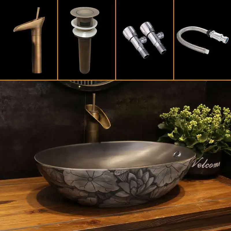 Резная антикварная художественная керамическая раковина для ванной комнаты