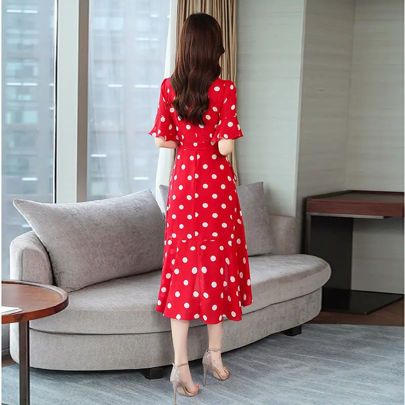 

Summer New Polka Dot Irregular Dress Women's Mid-Length V-neck Chiffon Skirt Woman Dress Vestido De Mujer Femme Robe