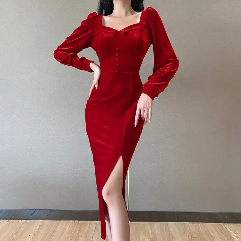 

Party Dresses Women Evening Elegant Winter Velvet High Waist Split Red Dress Hollow Out Long Sleeve Square Collar Bodycon Dress