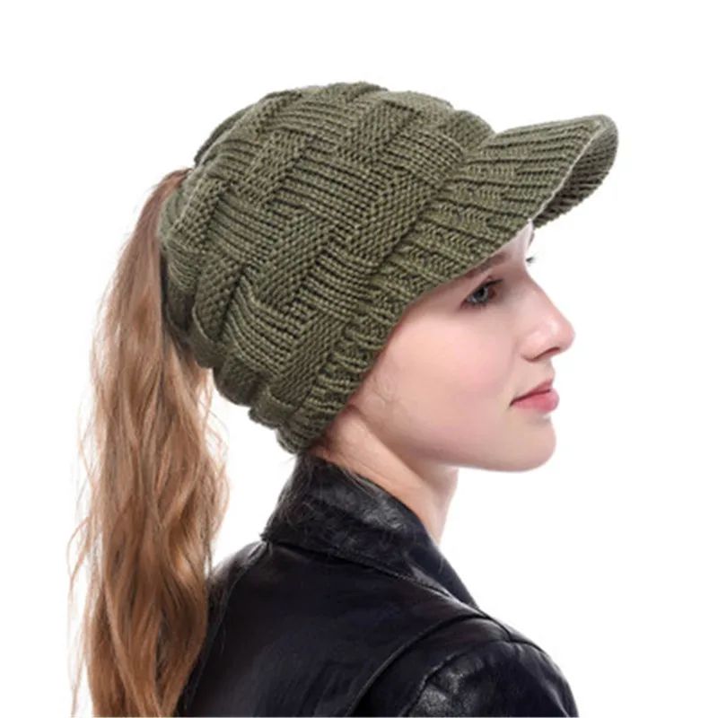 

Ear Warm Casual Loose Ponytail Wool Knitted Women Fall Winter Baseball Cap Hat Elastic Fashion Accessories Outdoor