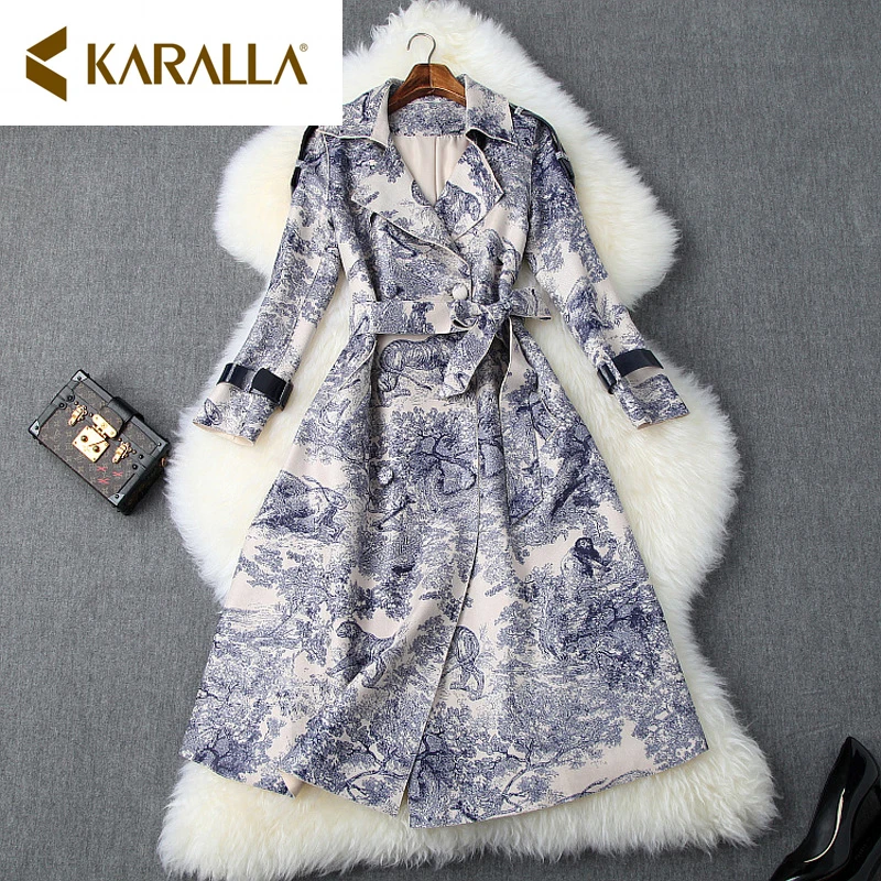 Женский Длинный тренчкот с поясом классический двубортный принтом повседневная