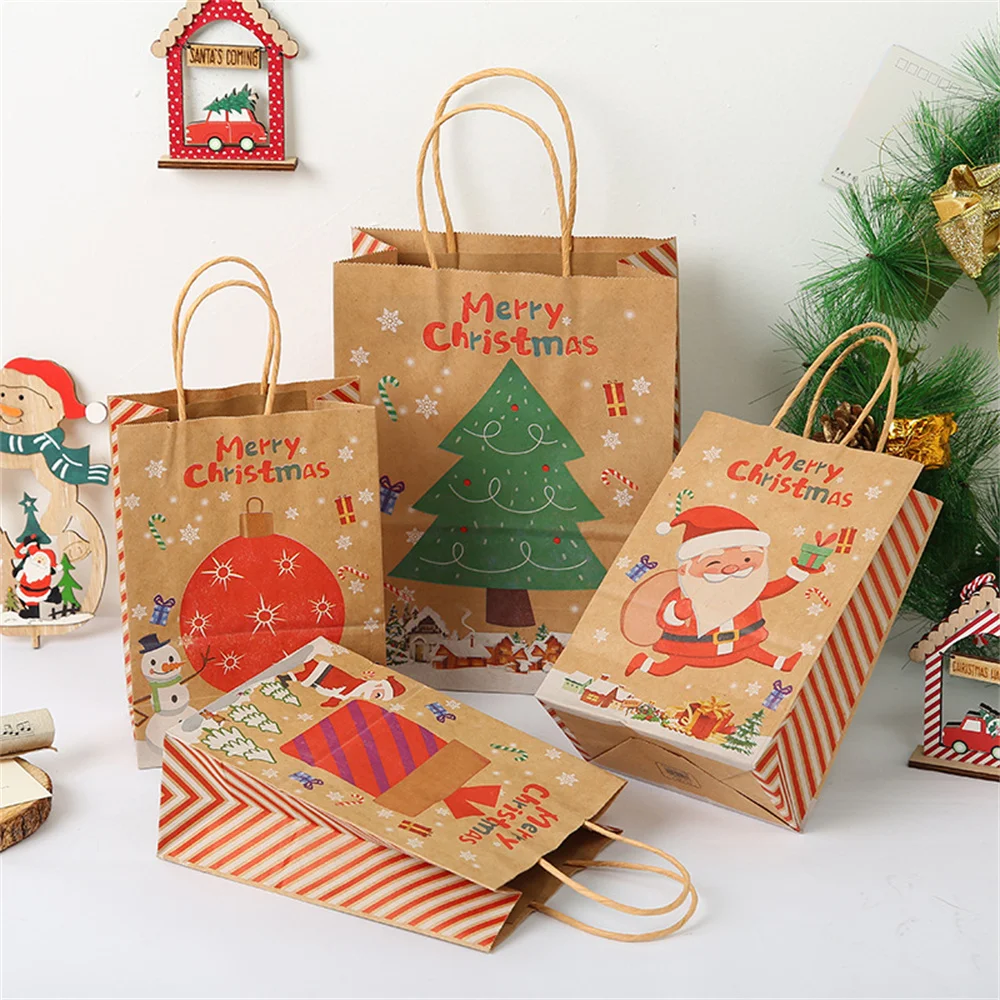 

10Pcs Christmas Gift Bag Kraft Paper Cartoon Santa Claus Cookies Candy Packing Bags 2023 Xmas New Year Party Home Decoration