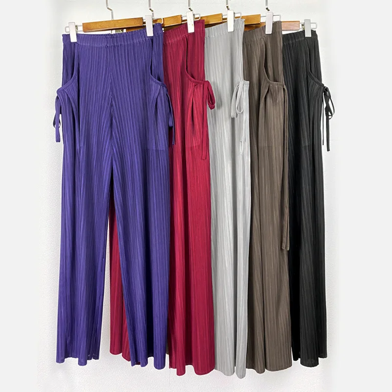 

2021 Spring New Korean Style Casual Pants Women's High Waist Loose Straight Elegant Comfortable Pleated Trousers Pocket Lace-up