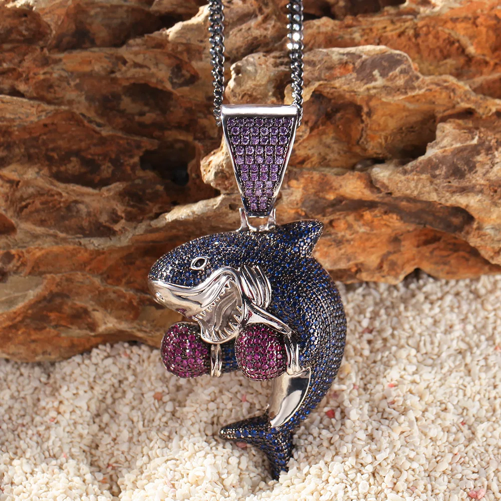 6mm Boxing Shark Pendant Cuban link Twist Chain Gold Silver Color Bling Cubic Zircon Men's Hip hop Necklaces Jewelry boho Gift |