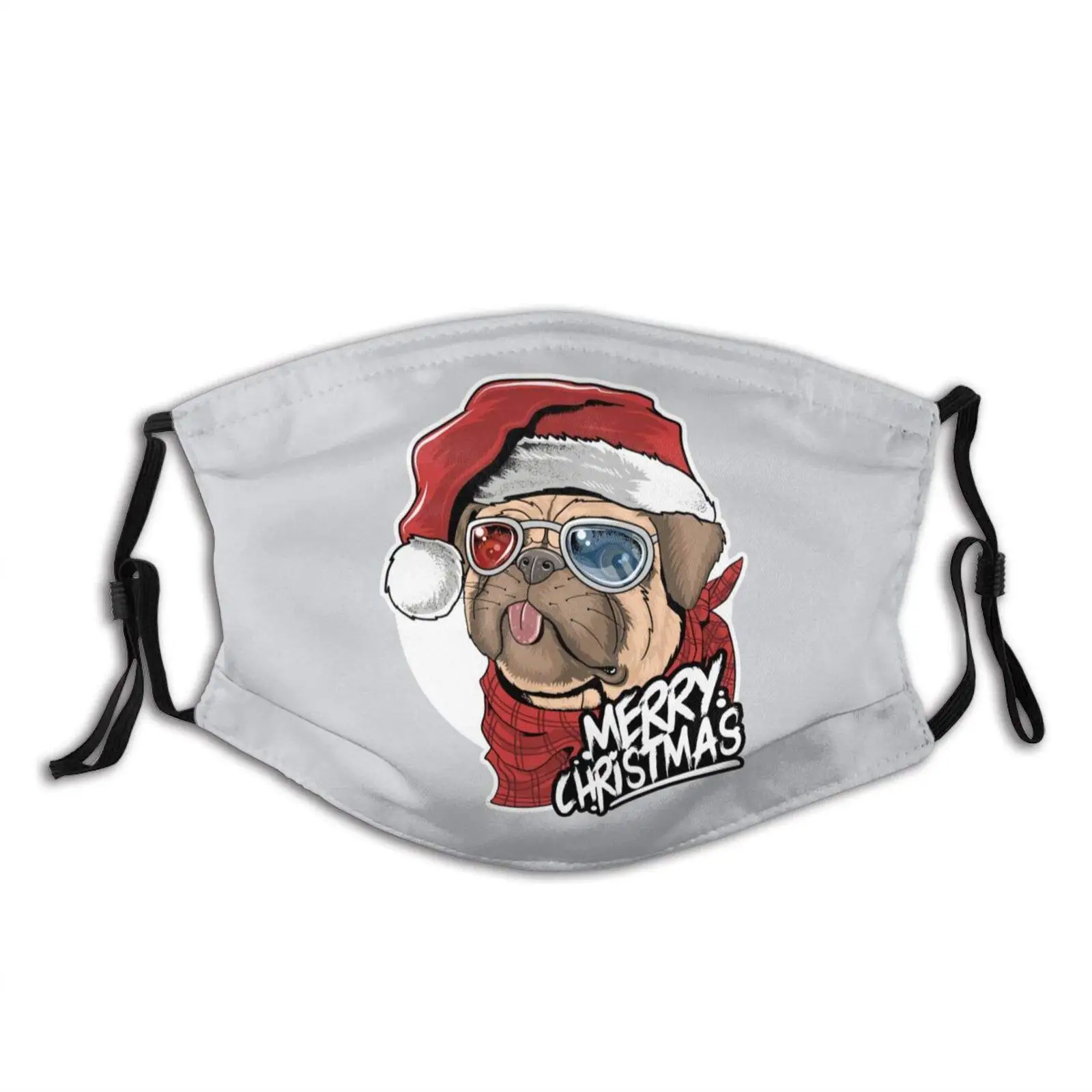 

Забавная мопса Рождественская шляпа очки Тканевая маска многоразовые Регулируемые моющиеся, 2 фильтра для мужчин женщин мужчин бандана щит