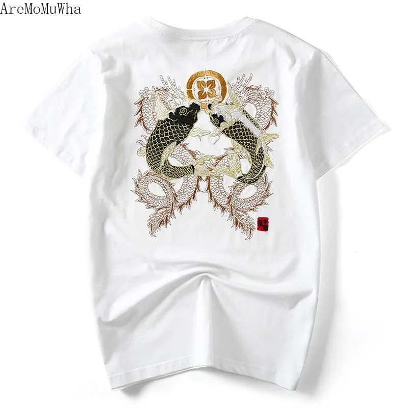 

Summer New Chinese Wind Carp Embroidery Big Yards Round Collar Short T-shirt Male Japanese Cotton Harajuku Graphic T-Shirts
