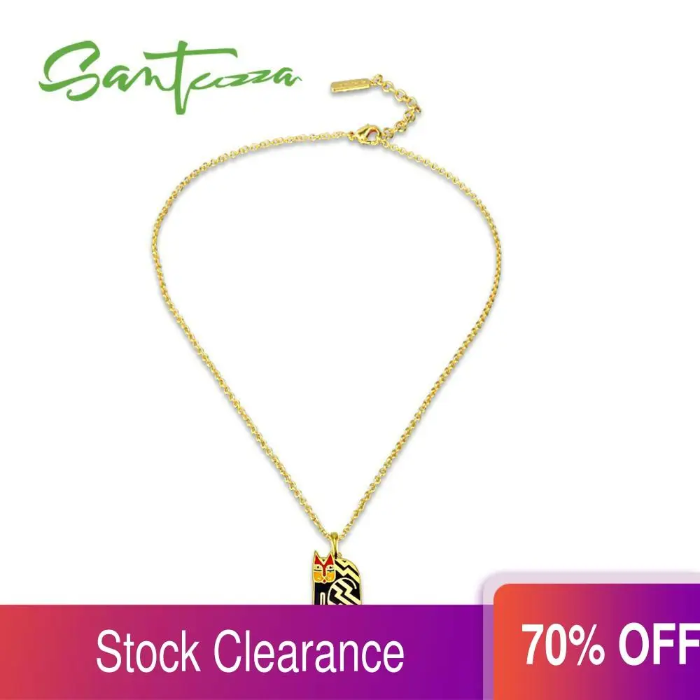 SANTUZZA Латунное ожерелье для женщин Милая Черная кошка кулон ручная работа эмаль