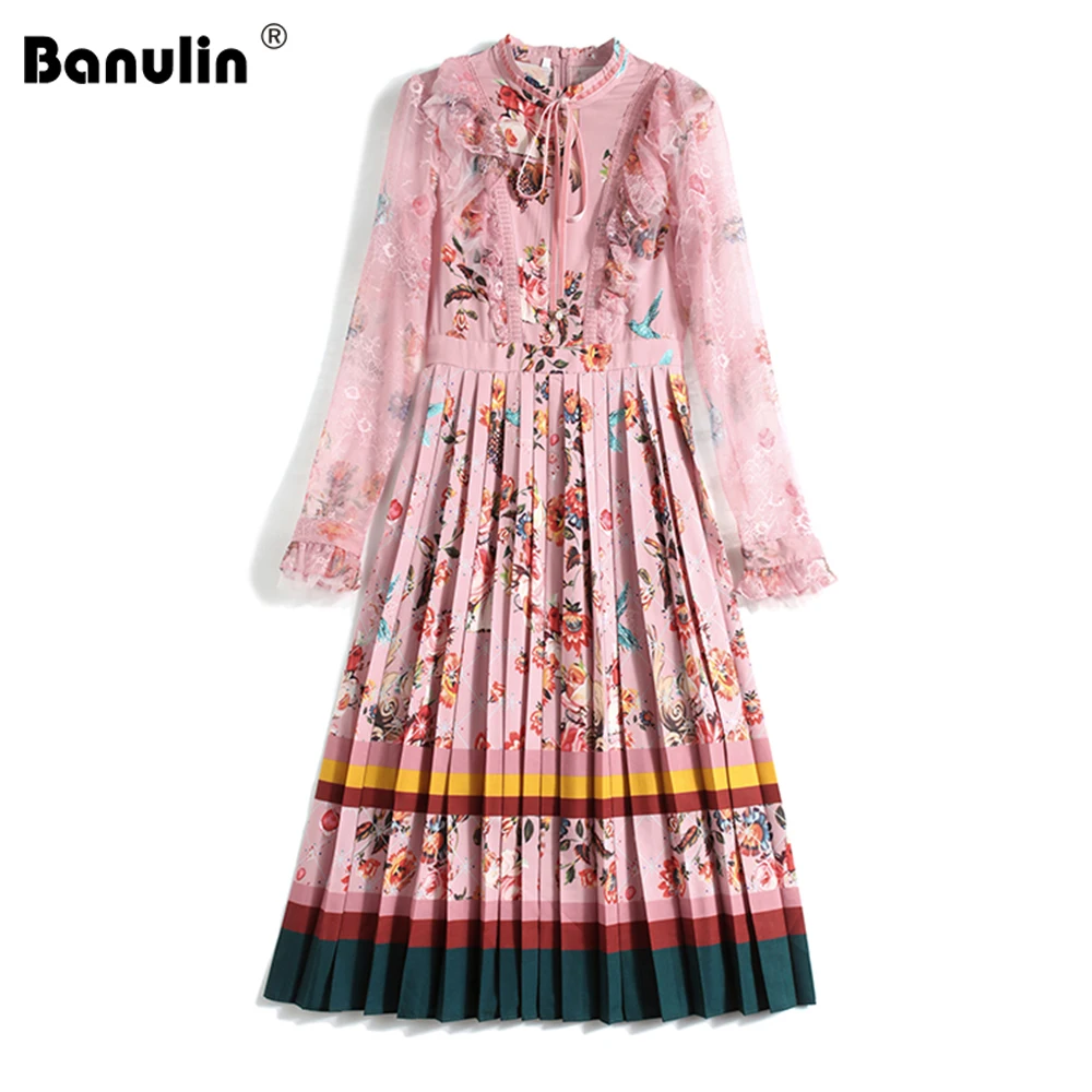 

Женское плиссированное платье с бантом на шее, кружевное лоскутное платье с длинным рукавом, с оборками и цветочным принтом, весна-осень