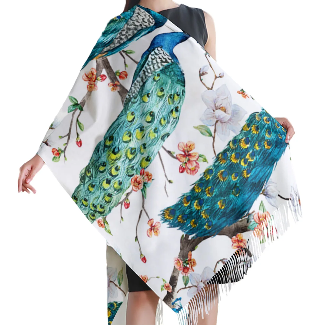 Мягкие кашемировые шарфы три павлина стоячие на ветке женские тонкий длинный