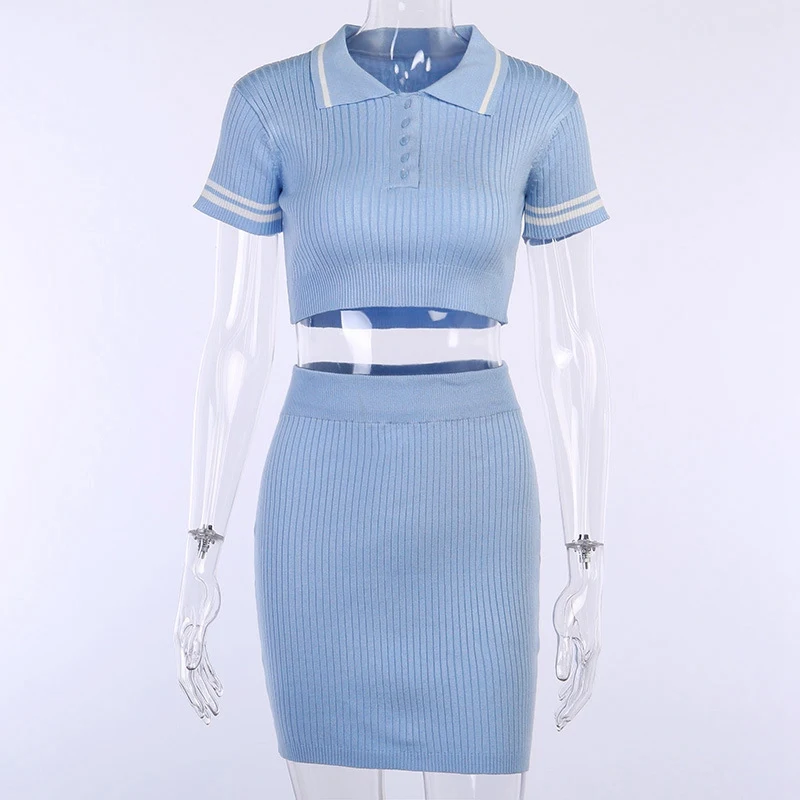 

Party Two Piece Set Knit Crop Top Sexy V Neck Short Sleeve+Mini Bodycon Skirt Women Fashion Set Wholesale