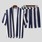 Мужской комплект из 2 предметов, полосатый кардиган и шорты в японском стиле, Пляжная дышащая рубашка с короткими рукавами и открытым стежком, повседневный костюм в японском стиле, на лето