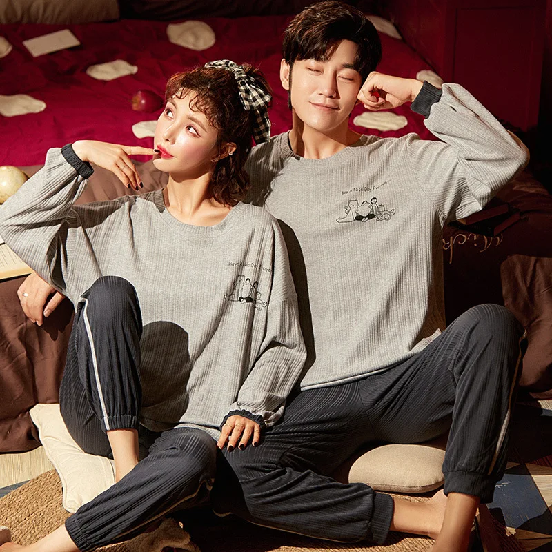 

New Lovers pajamas Women's Long sleeve trousers Nightgown round neck Sleepwear cotton Sleepshirts couples Casual home clothing