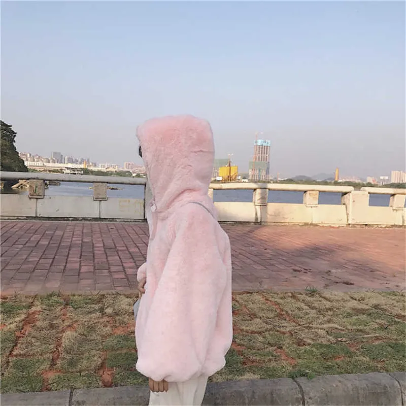 Kawaii женские толстовки белые розовые зимние свободные теплые толстовки с капюшоном Милая верхняя одежда пальто осенняя Милая толстовка с длинными рукавами для девочек