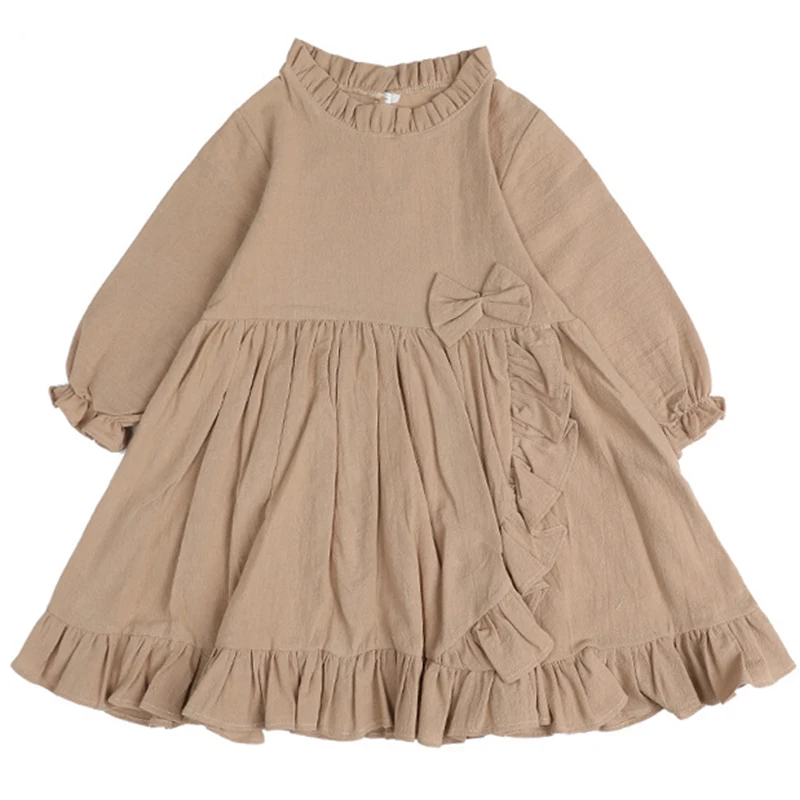 

Spring and autumn new girls' ear collar cotton linen dress children's solid color casual pleated skirt baby sweet Ruffle A-line