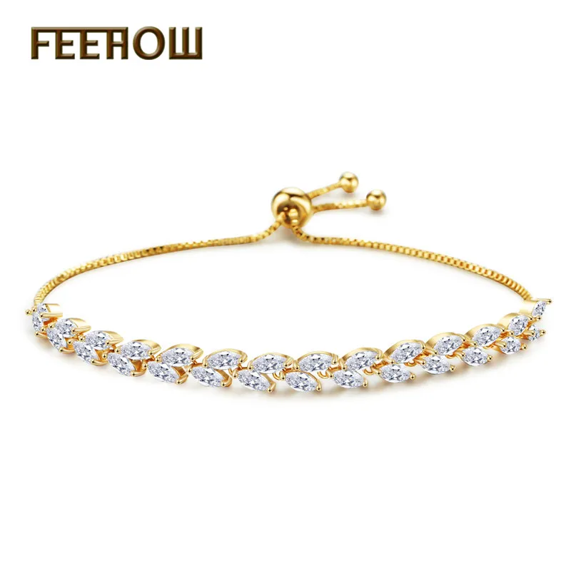 Gold Color 41 FEEHOW, высокое качество, Marquise Cut, прозрачный CZ циркониевый браслет и браслеты для женщин, подарок, модный, кристалл, камень, лист, ювелирное изделие, FWBP061 - Окраска металла: Gold Color 41