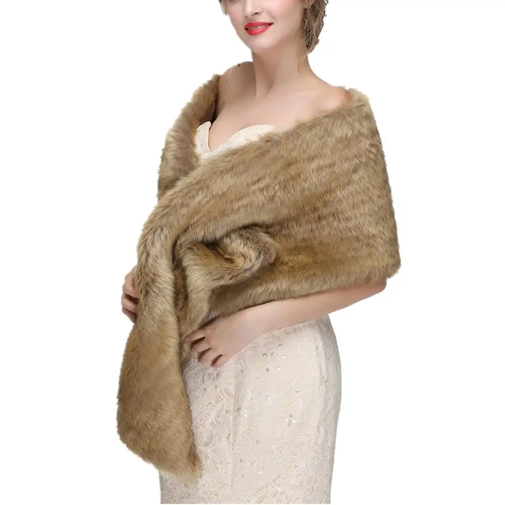 Women Winter Faux Fox Fur Coat Jacket Faux Fur Shawl Wrap Stole Bridal Wedding Cover Up