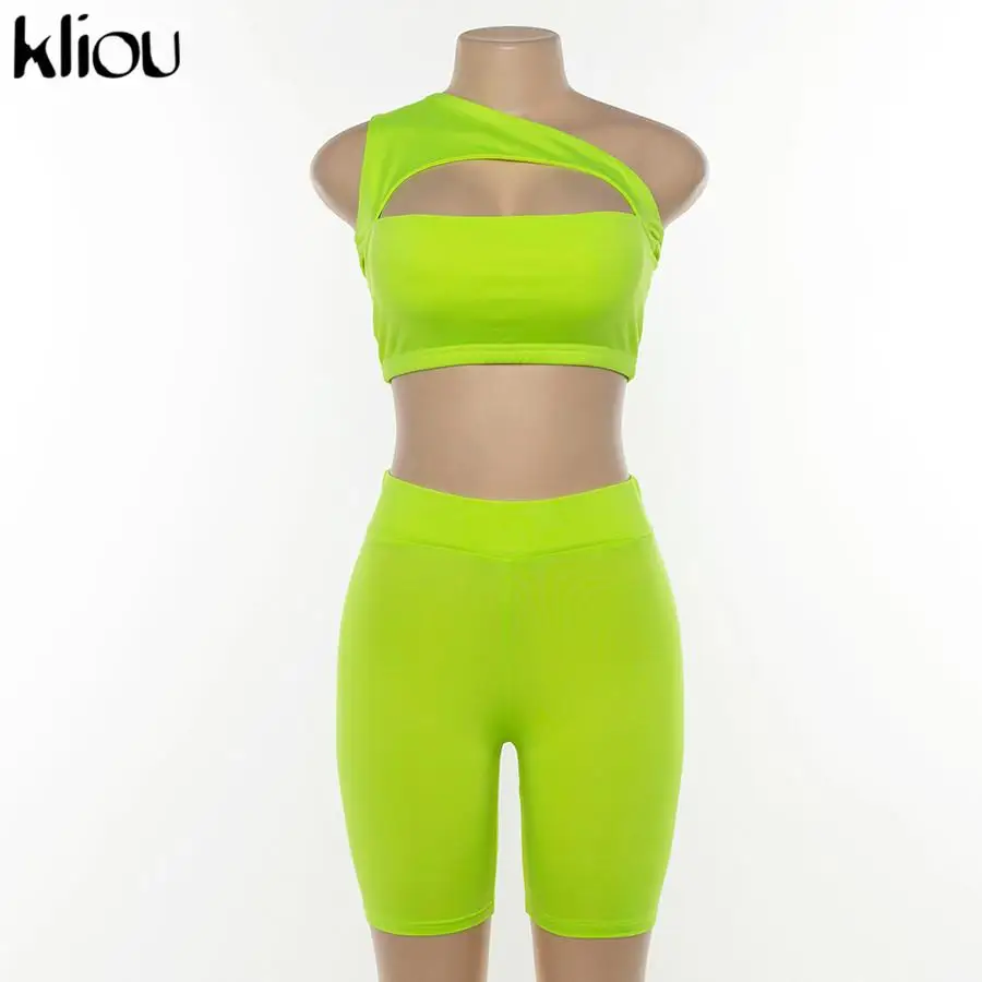 

summer women neon color two pieces set off shoulder hollow out crop top elastic high waist shorts outfit tracksuit sportsuit S M