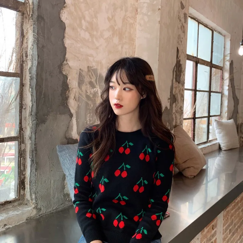Women Cherry Vintage Pullover Sweater Female Knitted Jumper Autumn Oversize Casual Ladies overalls | Женская одежда