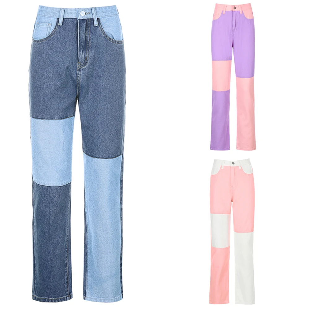 

Patchwork Jeans Straight Leg Jeans Woman Jeans High Waist Sexy Color Block Woman Pants Trousers Denim Blue Pants For Women