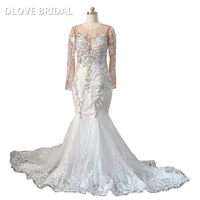 illusion long sleeve mermaid wedding dress high quality lace royal train bridal gown new arrival
