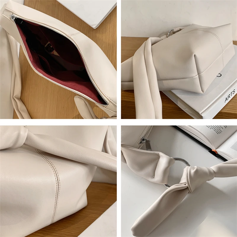 

Korean Style Knotted Loop Strap Big Hobo Shoulder Bags For Women Simple Design Solid High Quality PU Leather Soft Crossbody Bags