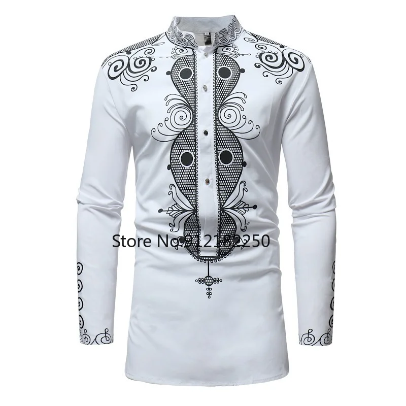 

African Tribal Dashiki Longline Shirt 2021 Brand New Long Sleeve Mandarin Collar Dress Shirt Men African Clothing Camisa Hombre