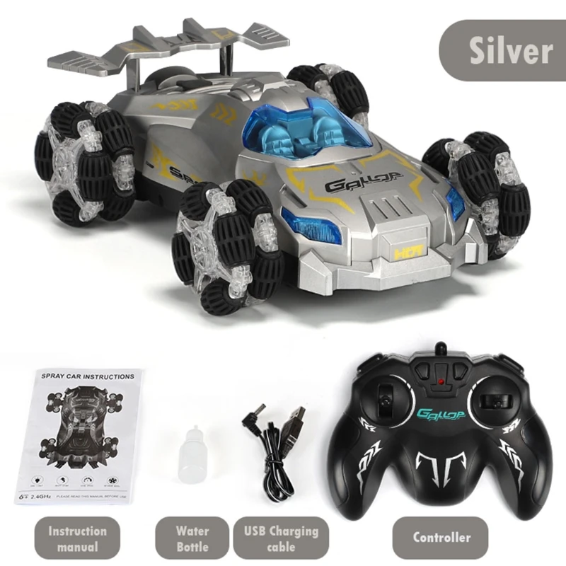 

MOLD Easy Drift Truck Remote Control Car 360 Rotation Spray-Stunt Racing Car with Cool Headlight, Silver/Black for Kids