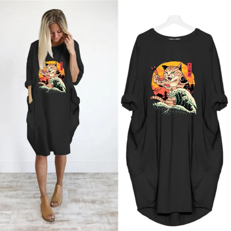 

Ukiyoe Cat Print Dresses Women Loose Casual Vintage Dresses Harajuku Long Sleeve Pocket Beach Spring Vestidos Robes