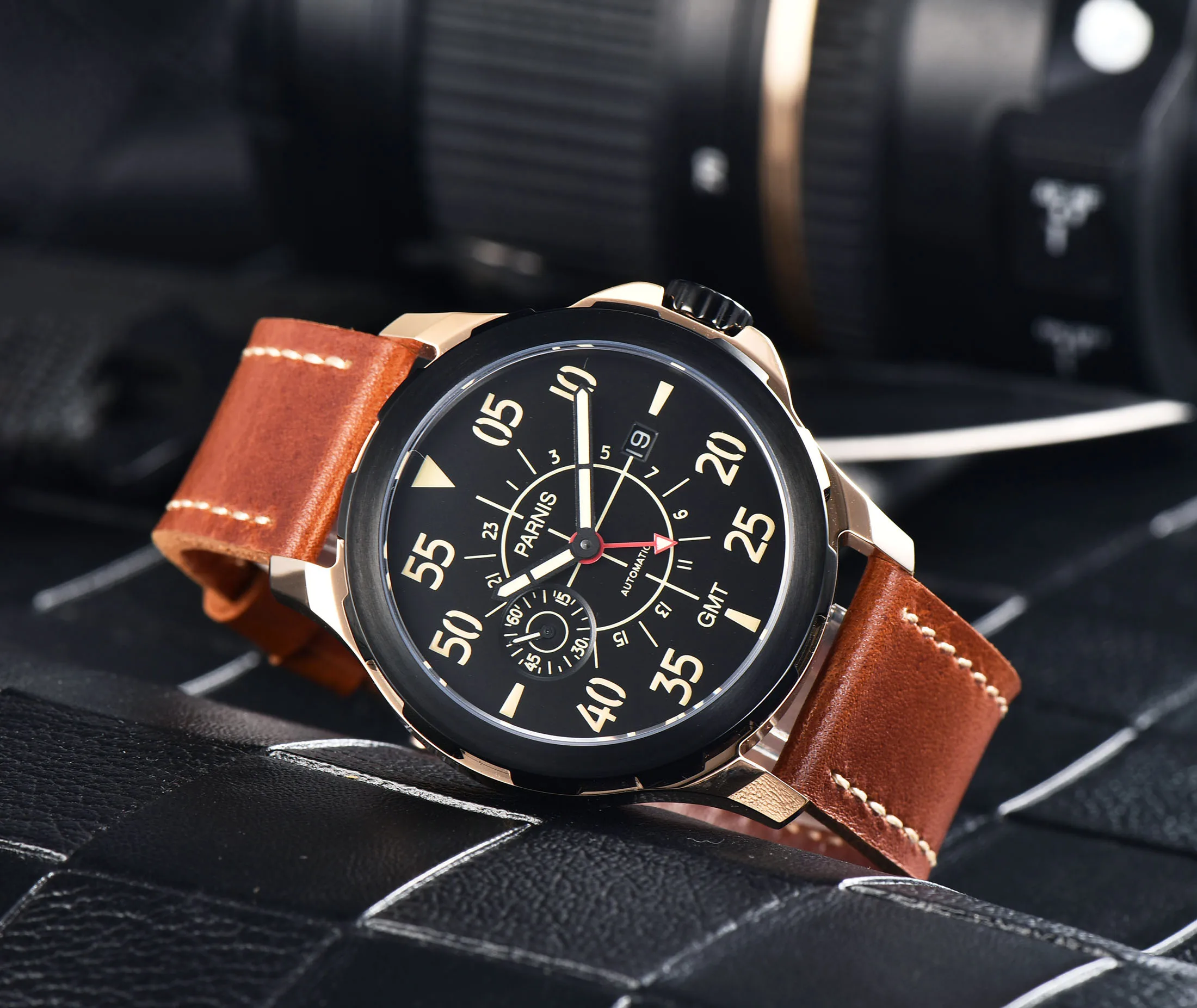 Мужские механические часы Parnis 44 мм GMT автоматические черный циферблат наручные