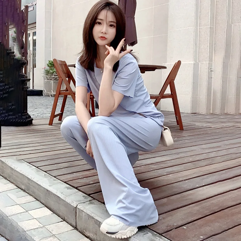 Spring Summer Fashion Short Sleeve Nightwear Wide Leg Suit Age Reducing Slim Casual Home Wear Women's Pajamas Sets Sleepwear
