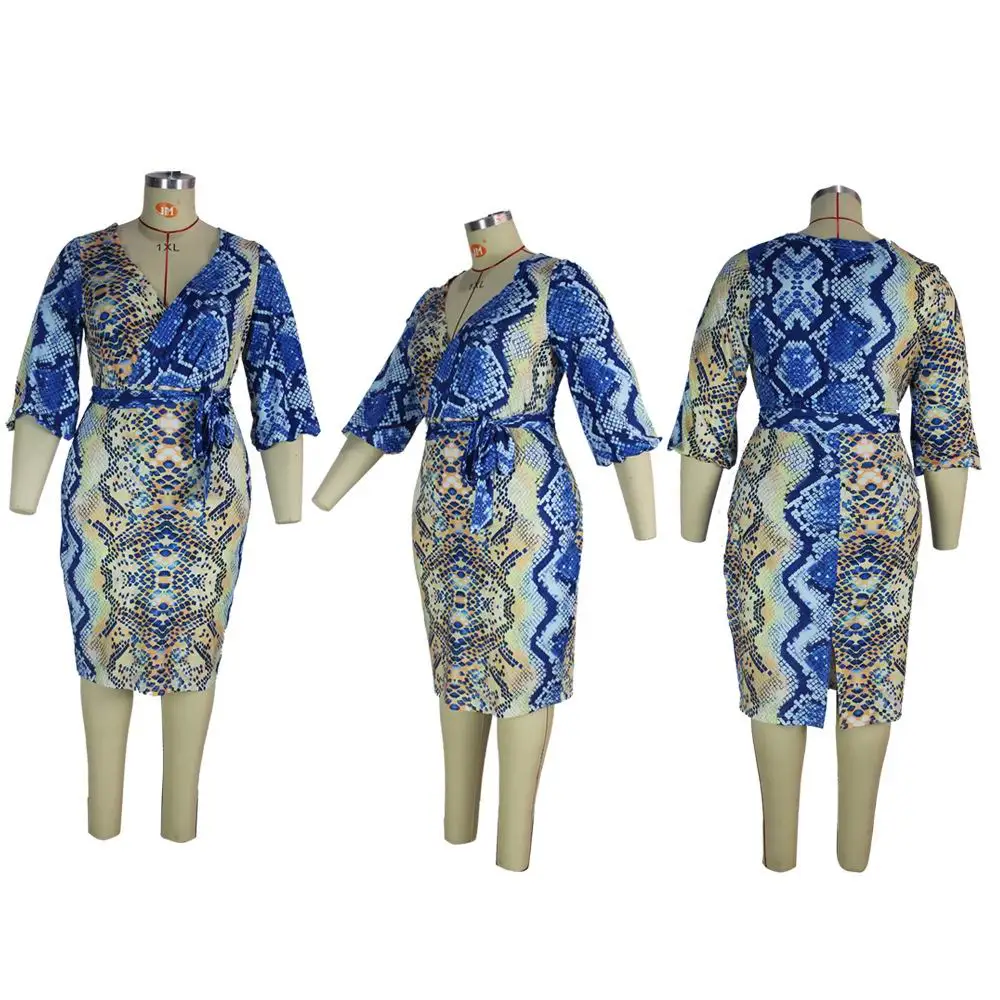 

Plus-Size Print Dresses Half-Sleeve Plunging V-Neck Belted Bodycon Midi Club Big-Size Dresses