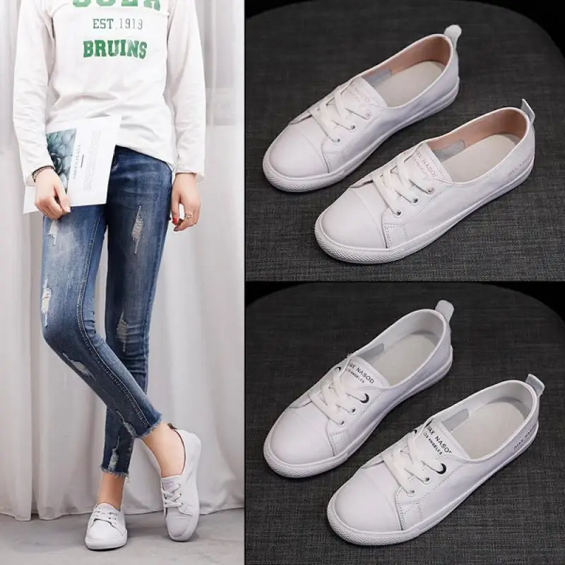 

Women's Genuine Leather Sneakers Women Casual Fashionable Sports Shoes Vulcanized Woman Summer Flat Shoe Ladies White Lacing 40