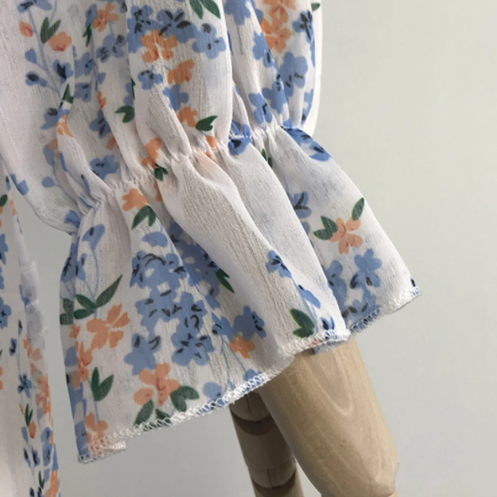 

2021 Women's Floral Printed Long Lantern Sleeve Sexy V-neck Backless Above Knee Mini Dress for Spring Autumn Dailywear Elegant