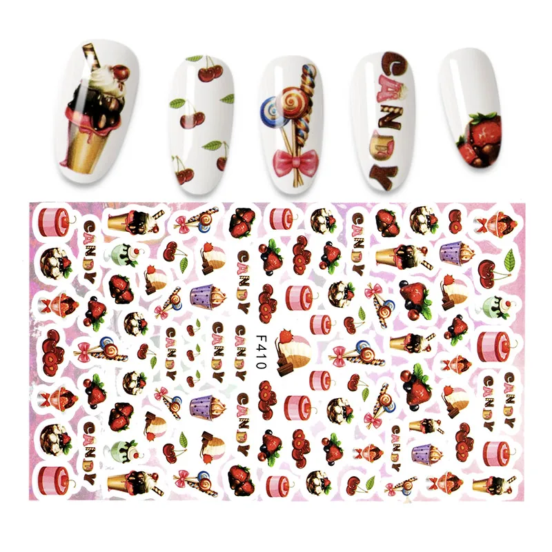 

Одноцветная 3D наклейка для дизайна ногтей слайдер конфеты торт милый животный узор наклейка для ногтей алюминиевая фольга дизайн