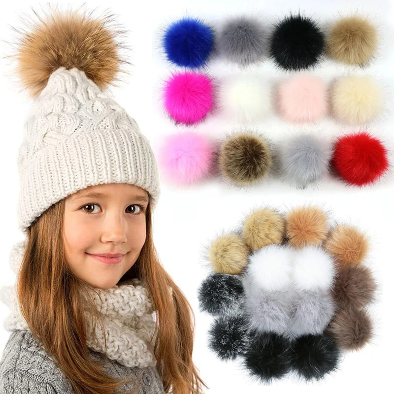 

12CM Faux Fur PomPom Natural Fox Hairball Hat Ball Pom Pom Handmade Large Hair Ball Hat With rubber band