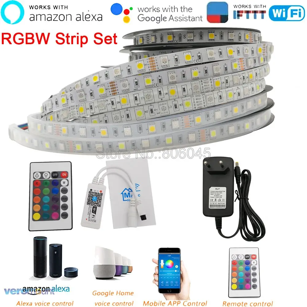 DC12V 5050 LED Strip RGBW RGBWW 60LEDs/m 5m with mini 24Key IR WiFi Controller 3A Power Supply LED Strip Set Support APP Control