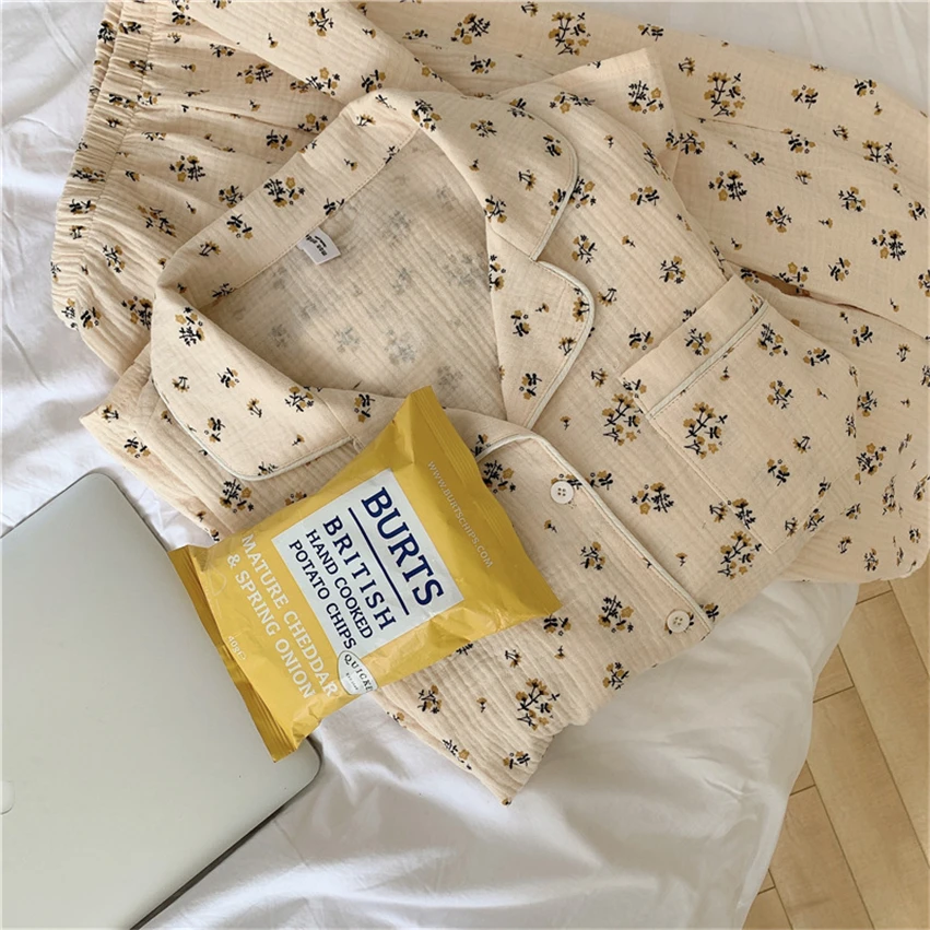 

New Autumn Winter Crepe Cotton Two Piece Set Sleepwear Women Pajamas Set High Quality Pants Home Set Floral Print Vintage
