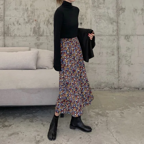 

2020 Floral Print Skirt Women Spring Summer Mid-calf Female Midi Skirts Holiday Ladies Skirts Bottoms Ka625