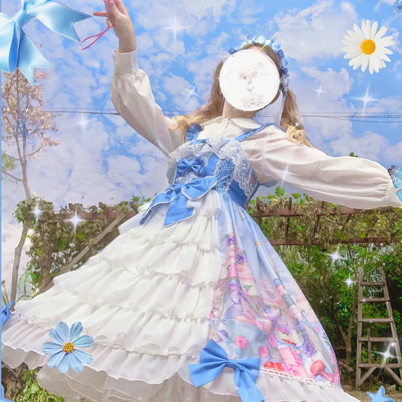 

Сладкое осеннее мягкое платье принцессы с принтом кота и замка в японском стиле Лолита Jsk