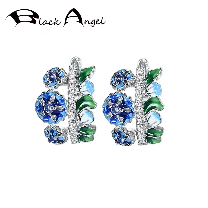 

BLACK ANGEL Fashion Blue Enamel Three Flowers Earrings 2020 New 925 Silver CZ Gemstone Wedding Clip Earrings Jewelry Wholesale